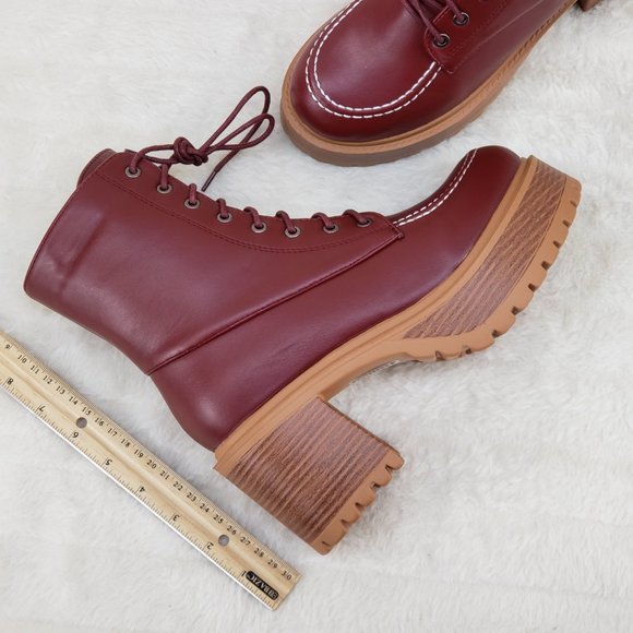 Light Weight Cherry Wine Wood Look Chunky Platform Combat Boots - Picture 9 of 10